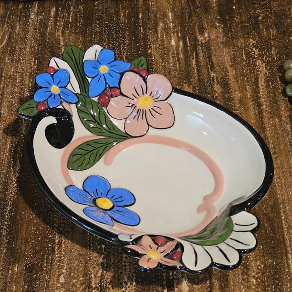 Vintage Hand Painted Ceramic Footed Bowl-Holland Floral Mold-Retro Home Decor - Picture 1 of 10